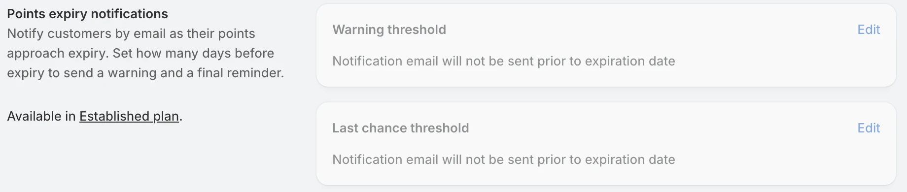 Screenshot: Flits points expiry notification settings marked "Available in Established plan."