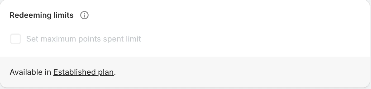 Screenshot: Flits Redeeming limits option disabled with "Available in Established plan."