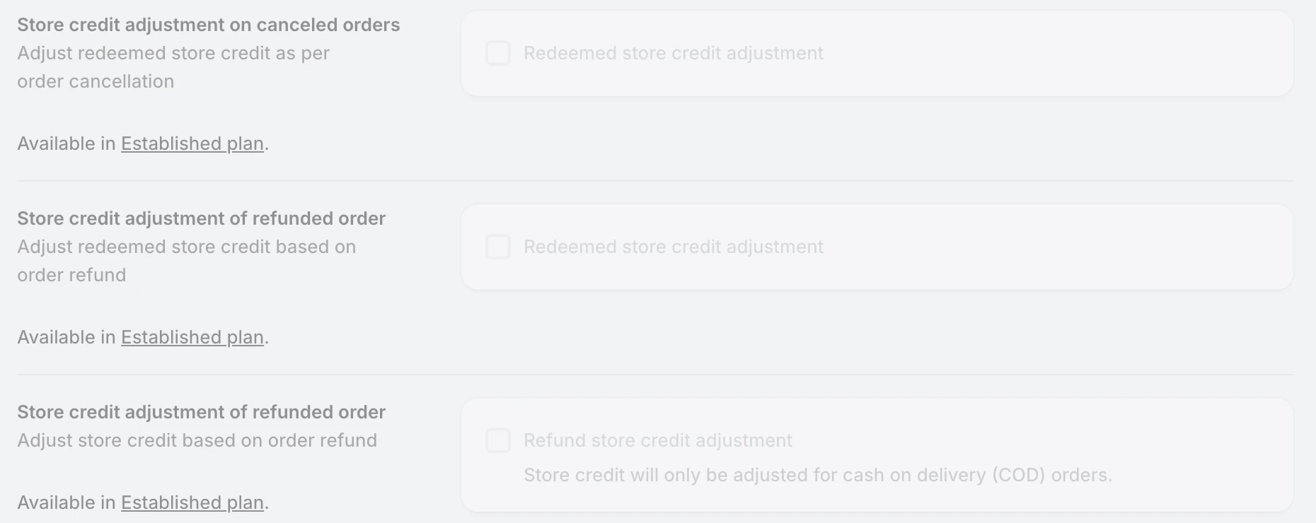 Screenshot: three Flits store credit adjustment options marked "Available in Established plan."