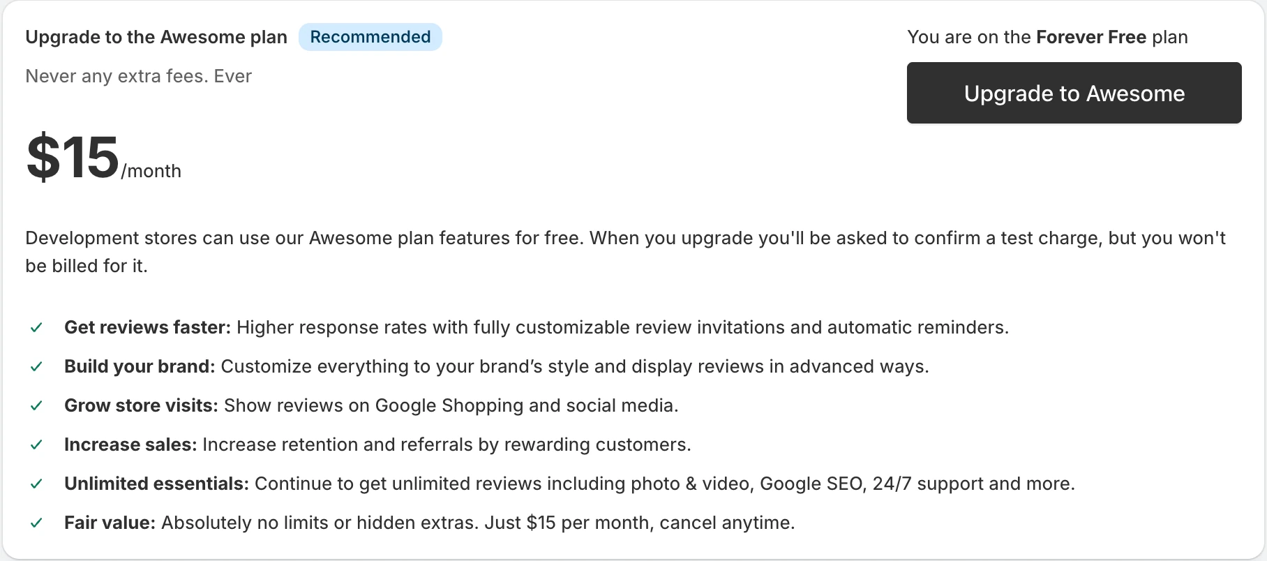 Screenshot: Judge.me in-app plan page: Forever Free plan, Awesome plan $15/month, never any extra fees.