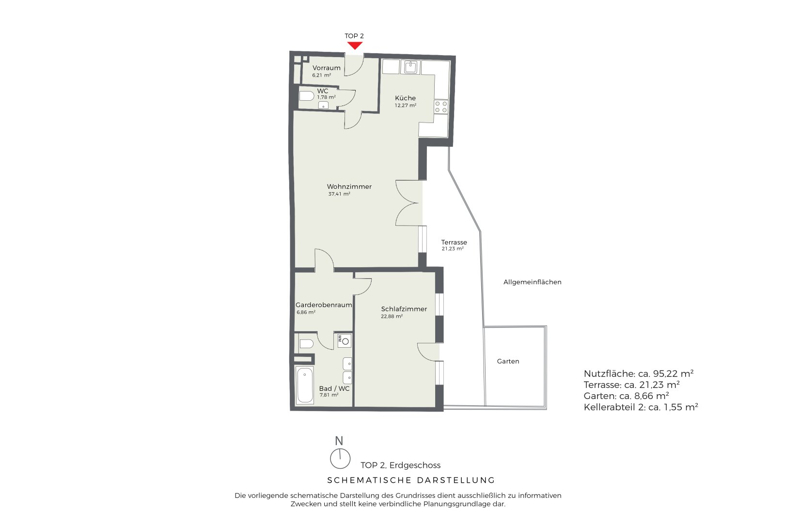 Grundriss Top 2, schematische Darstellung