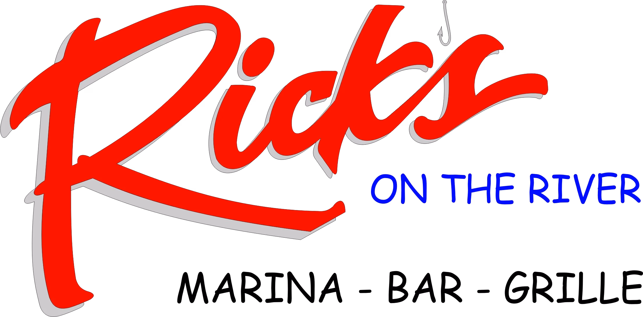 Logo with large red cursive text 'Ricks' with a fishing hook integrated into the letter 'k', blue text 'ON THE RIVER' below, and faint black text 'MARINA - BAR - GRILLE' underneath.