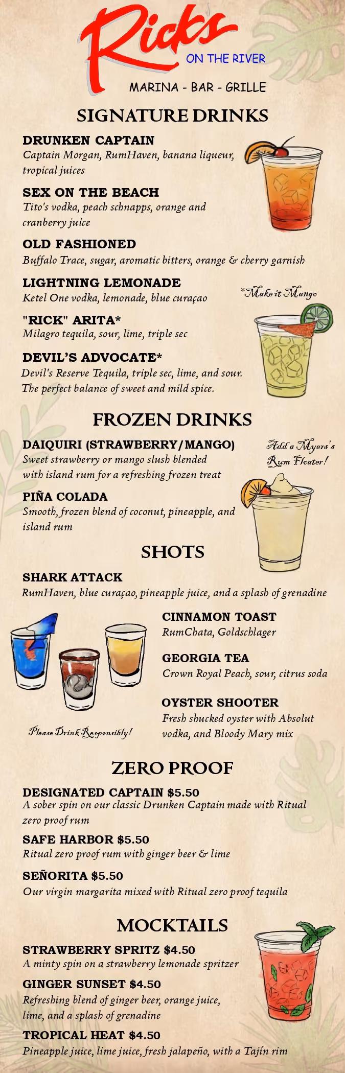 Rick's drinks menu page 1.