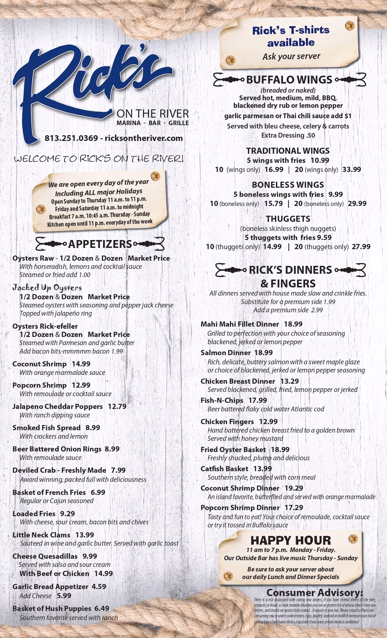 Rick's food menu page 1.