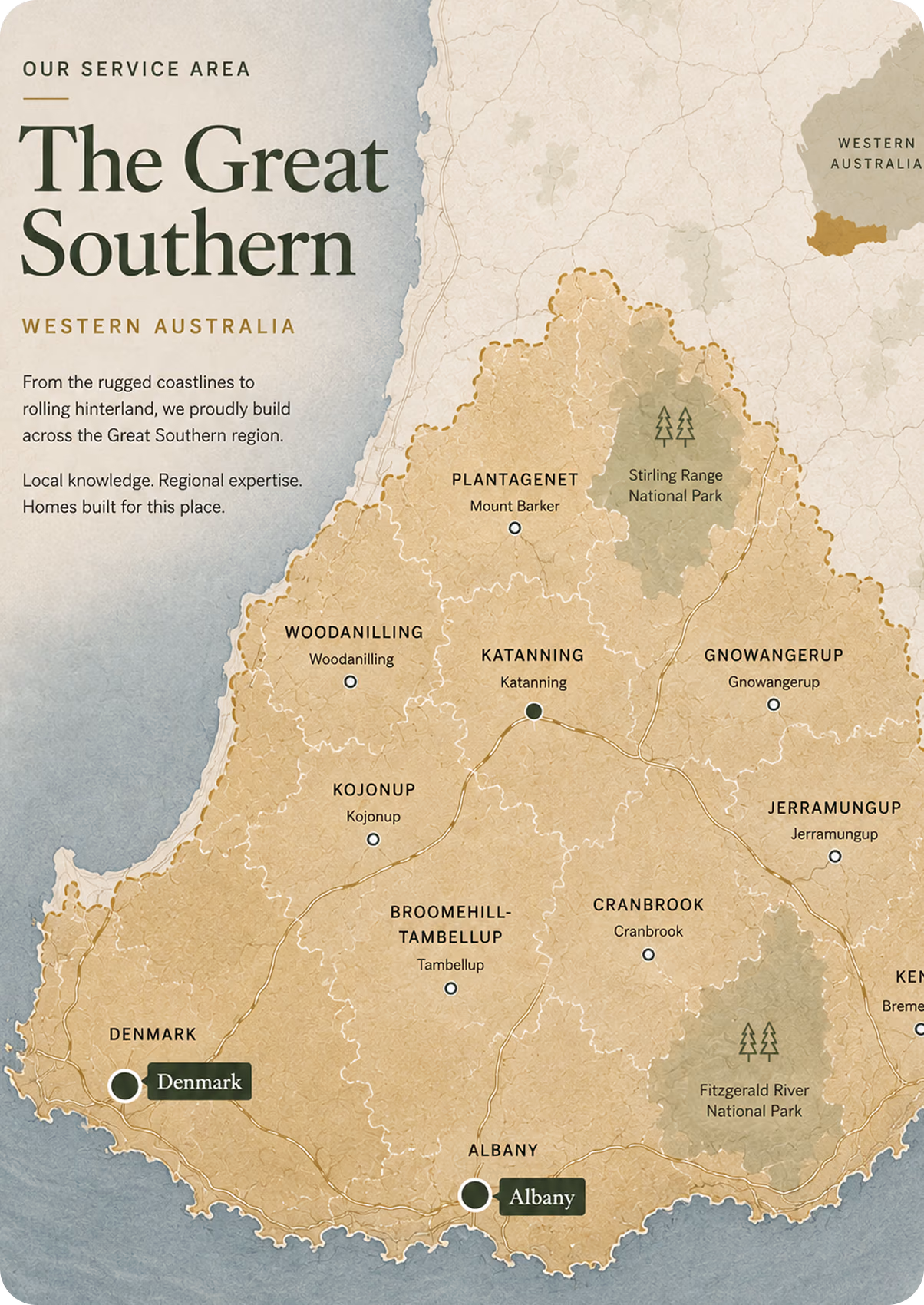 Map of the Great Southern region of Western Australia, marking Denmark and Albany