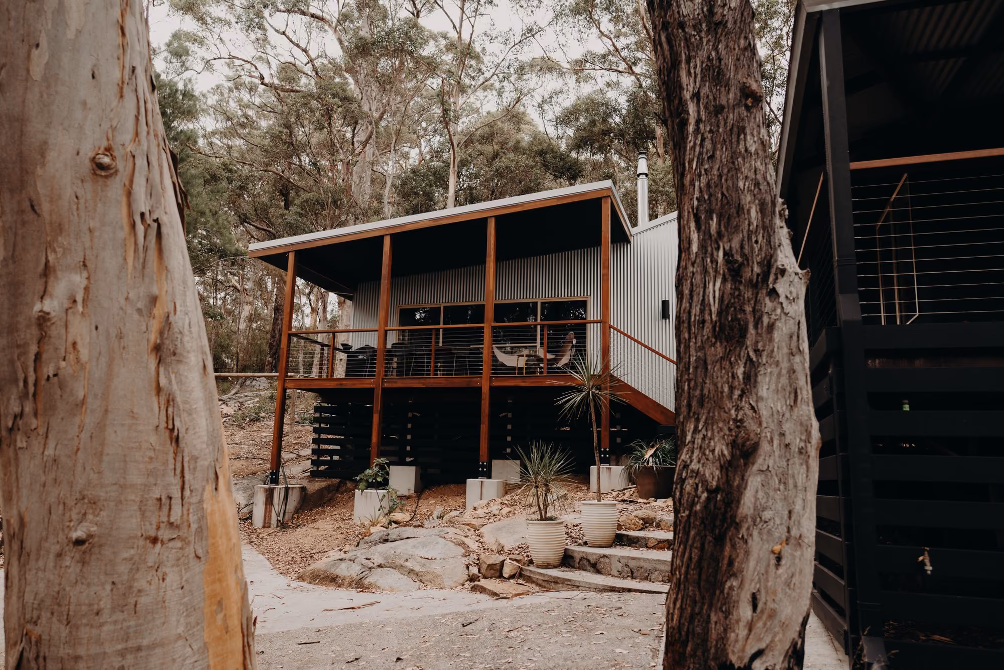 Elevated timber deck pavilion set among gum trees in bushfire-prone bushland
