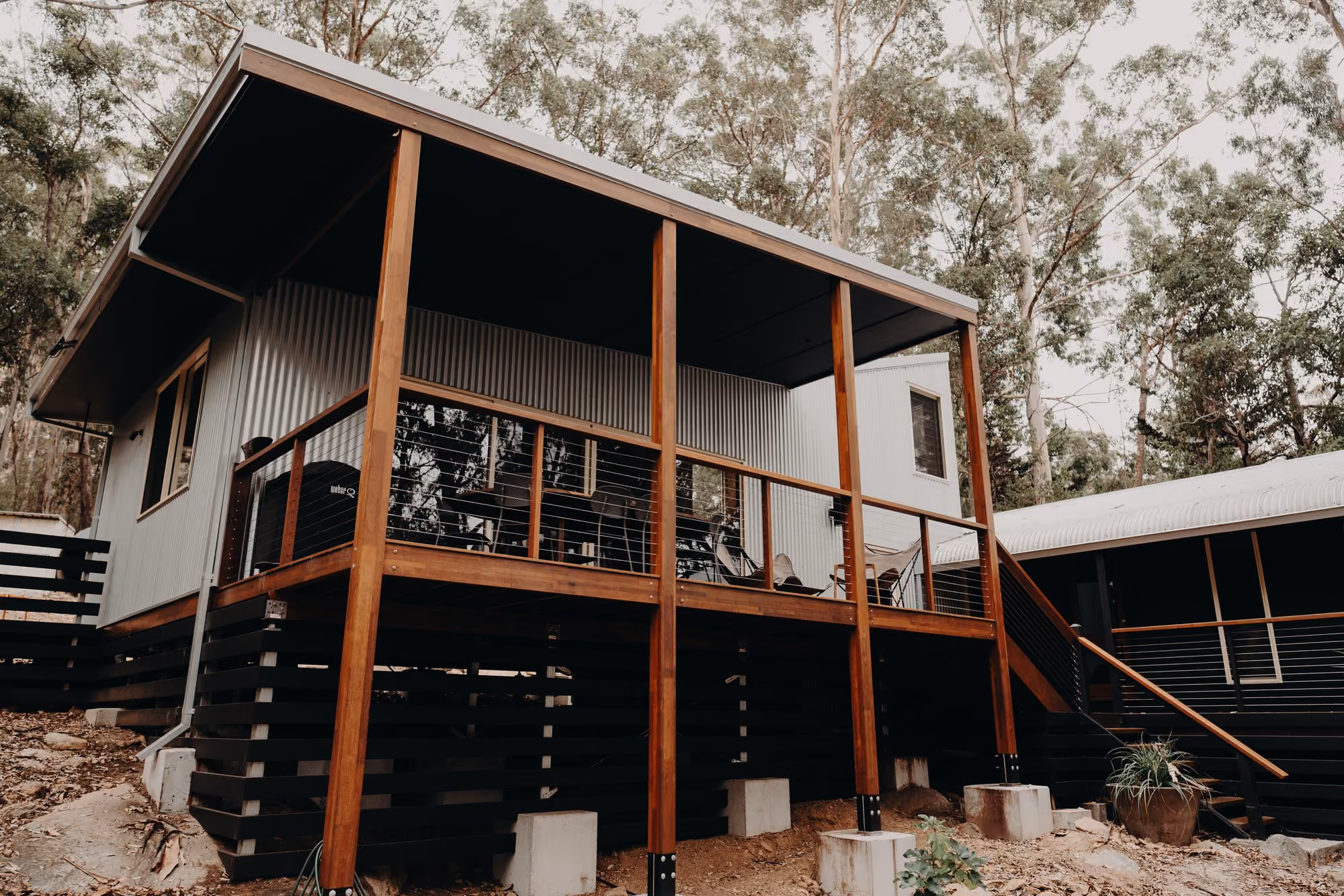 Home pavilion raised on timber posts over a sloping rocky bush block