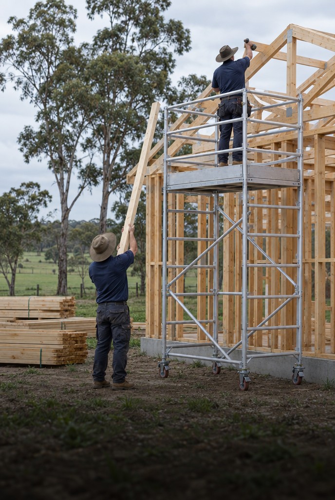 Tradespeople framing a new timber home from a mobile scaffold on a rural block