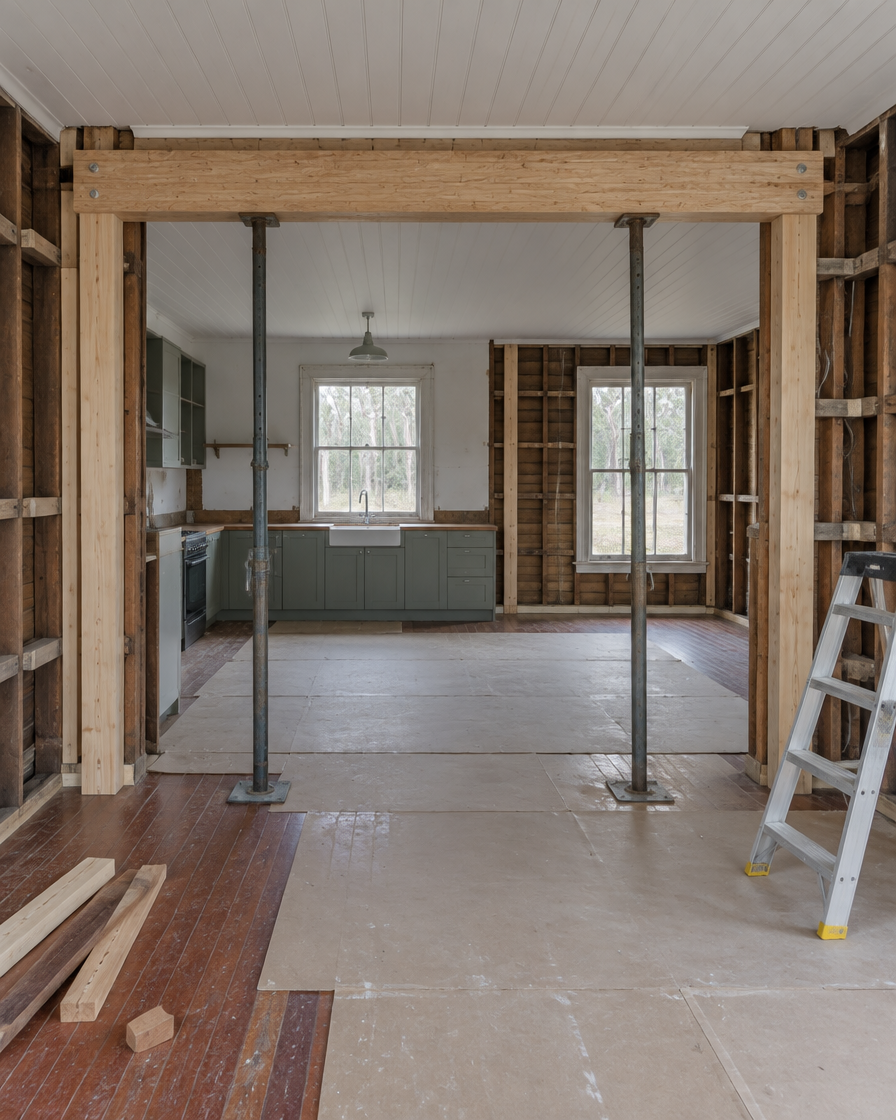 Older timber-framed home mid structural renovation, with a new beam spanning an opened-up wall
