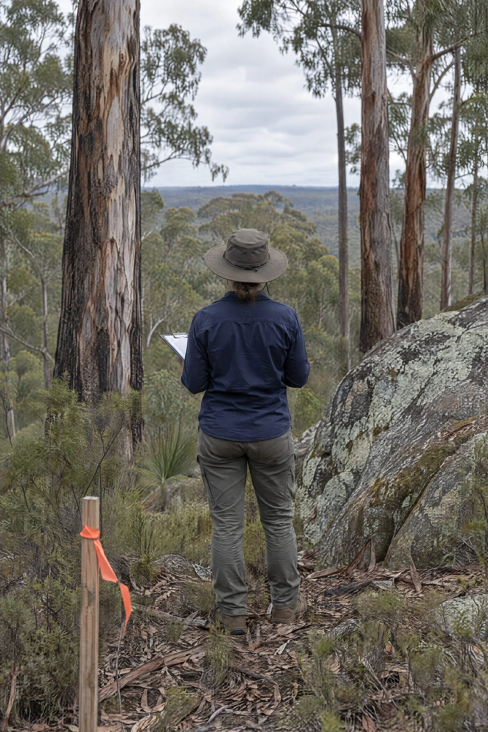 Consultant with a clipboard assessing a sloping bush block beside a granite outcrop