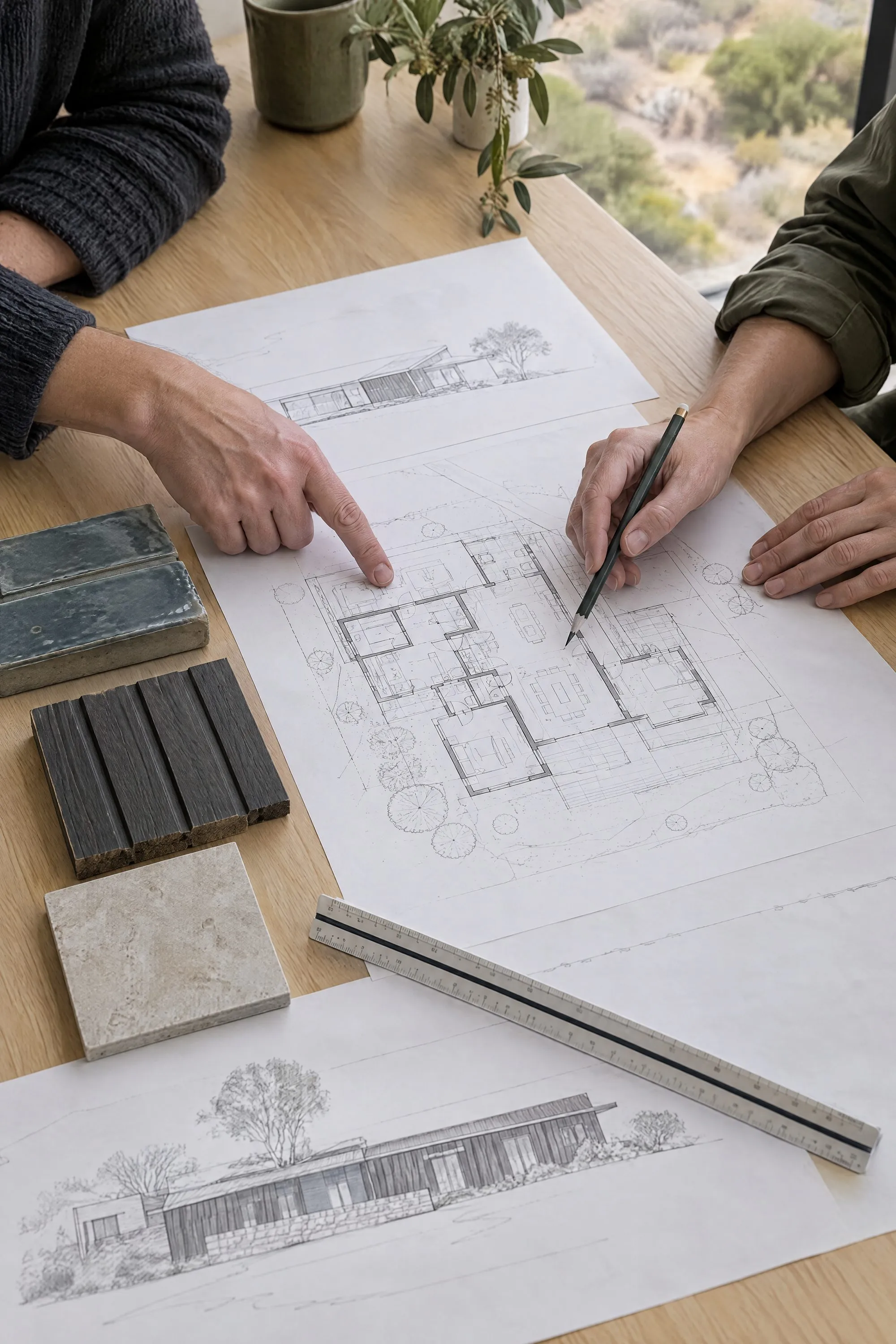 Floor plans and elevation drawings with brick, cladding and stone samples on a timber table