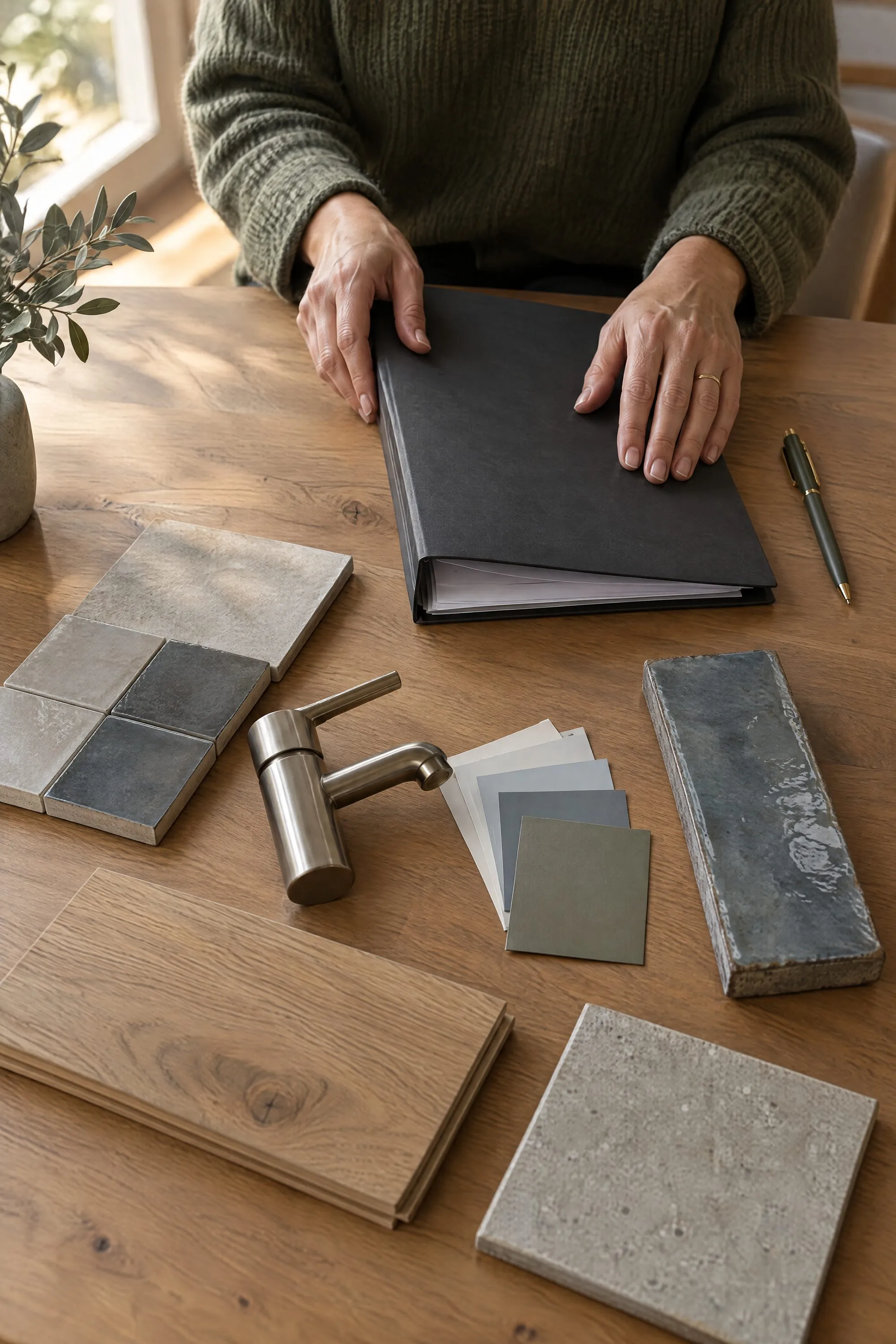 Tile, tapware, paint and brick samples beside a closed contract folder