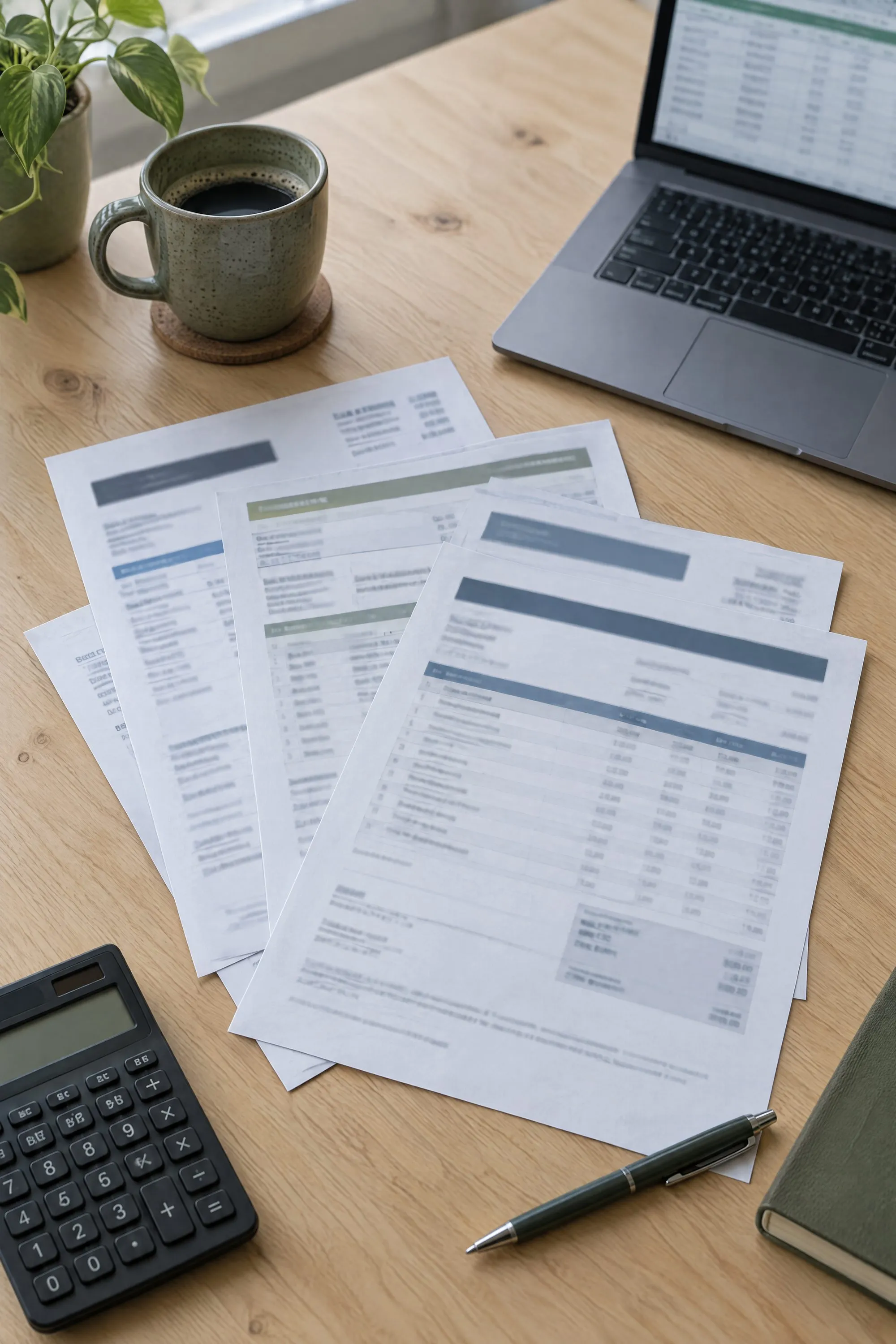Itemised trade quotes, calculator and laptop on a timber table