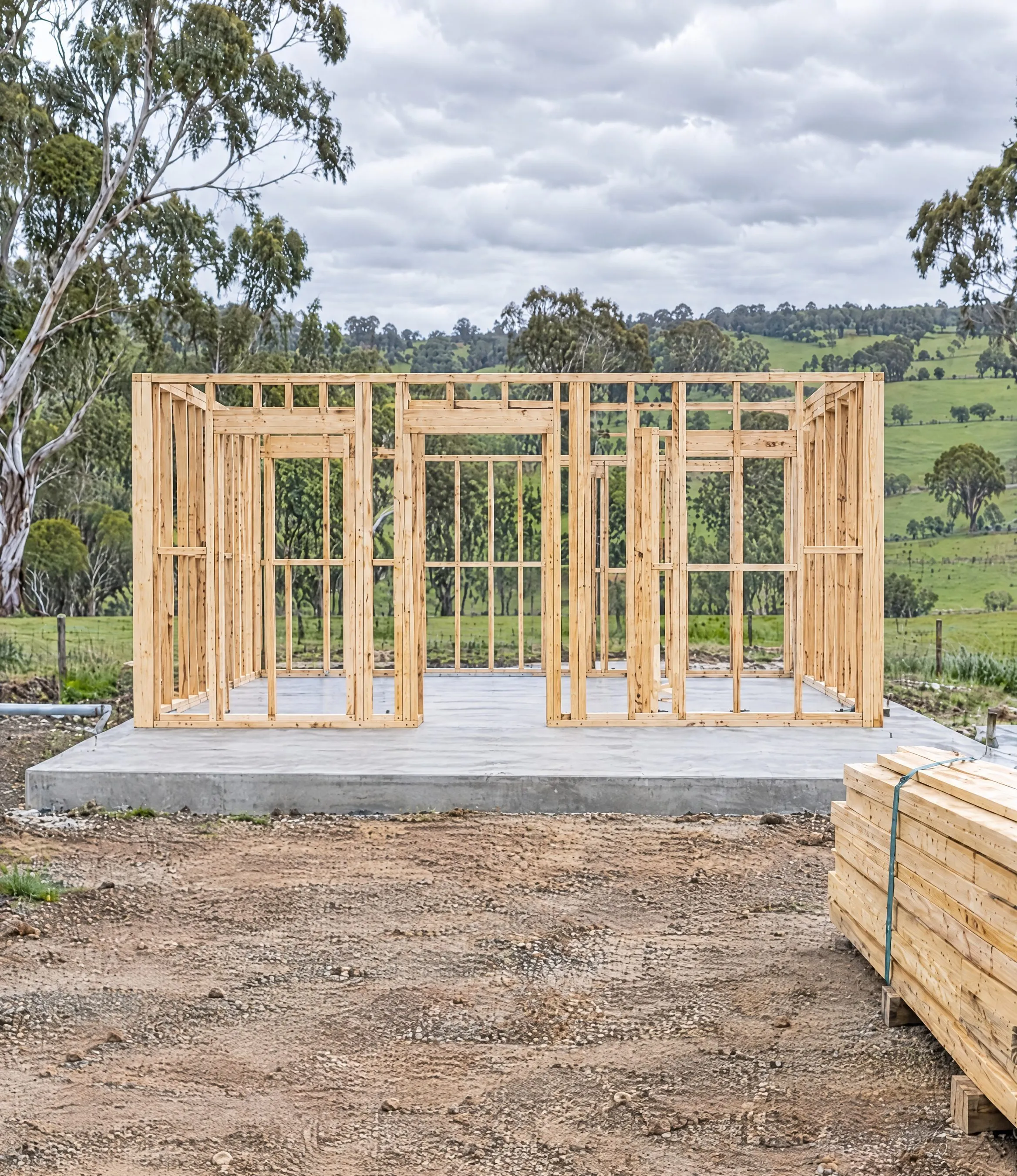 Timber wall frame standing on a concrete slab on a rural block