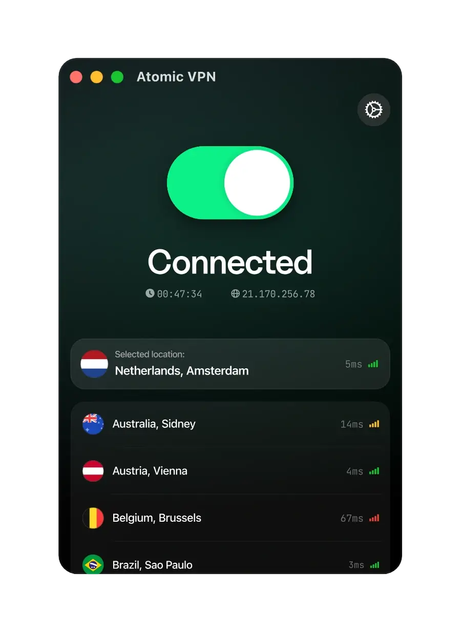 Atomic VPN desktop app, connected to Netherlands, Amsterdam