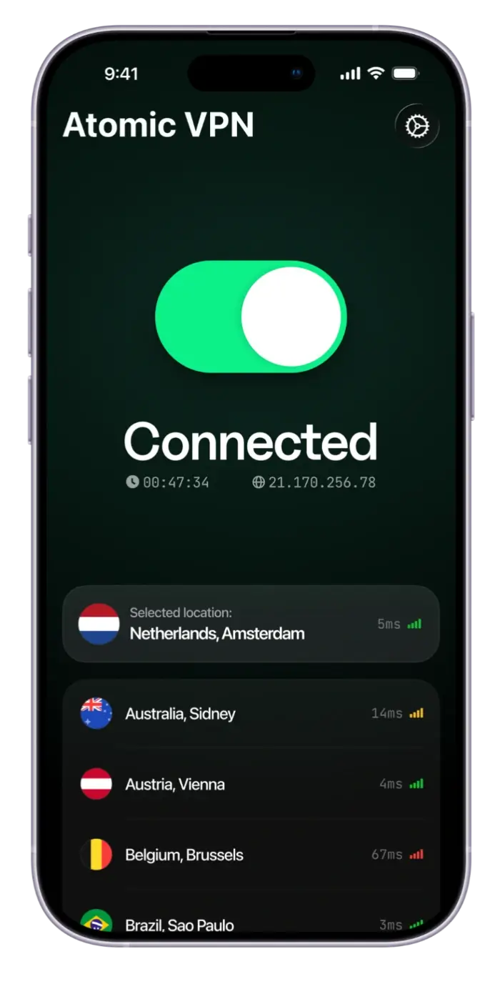 Atomic VPN iPhone app, connected