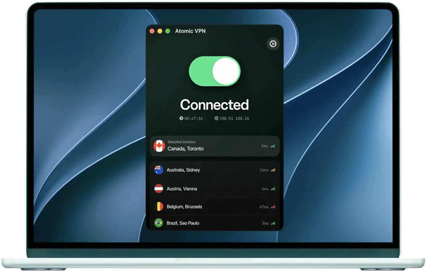 Atomic VPN desktop app connected to a server in Toronto, Canada