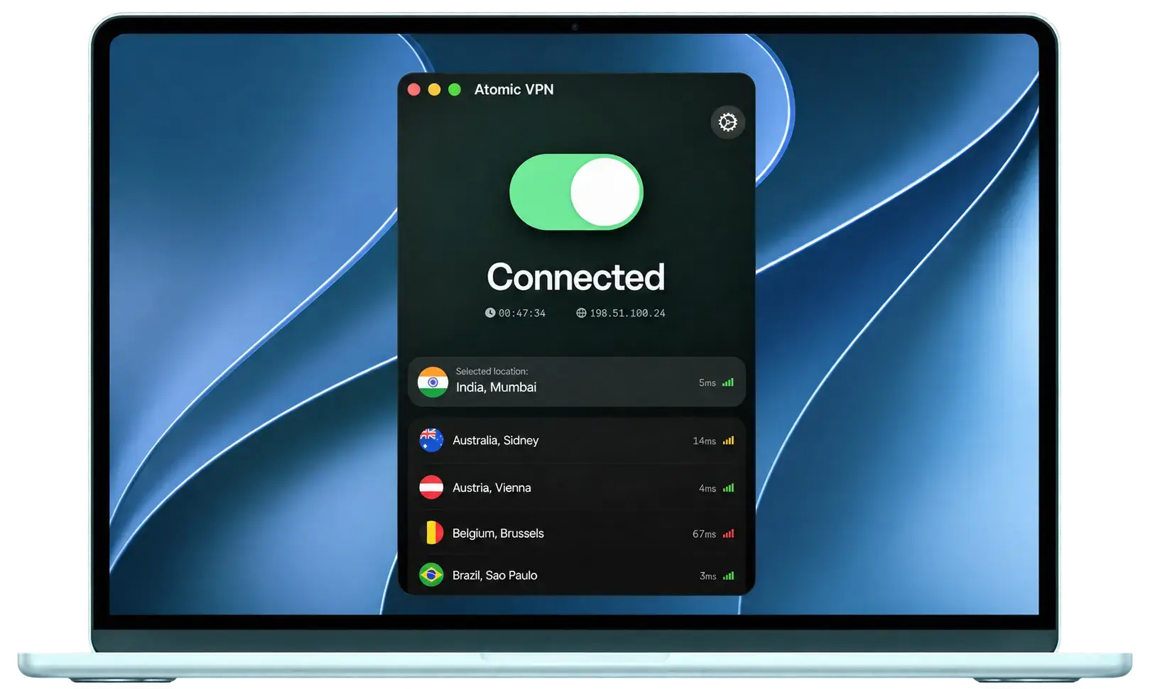 Atomic VPN desktop app connected to a server in India