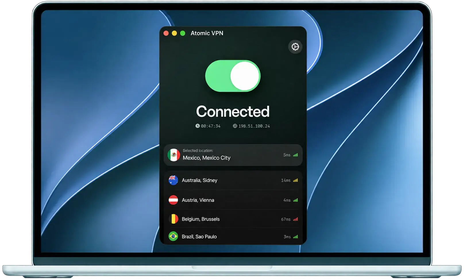 Atomic VPN desktop app connected to a server in Mexico