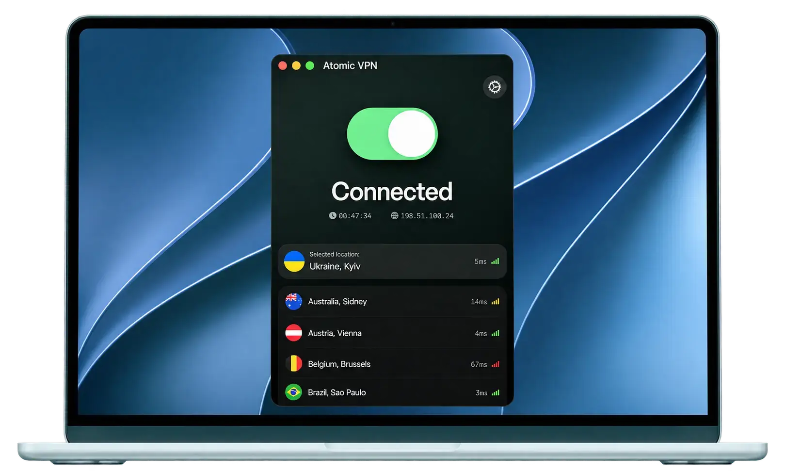 Atomic VPN desktop app connected to a server in Ukraine