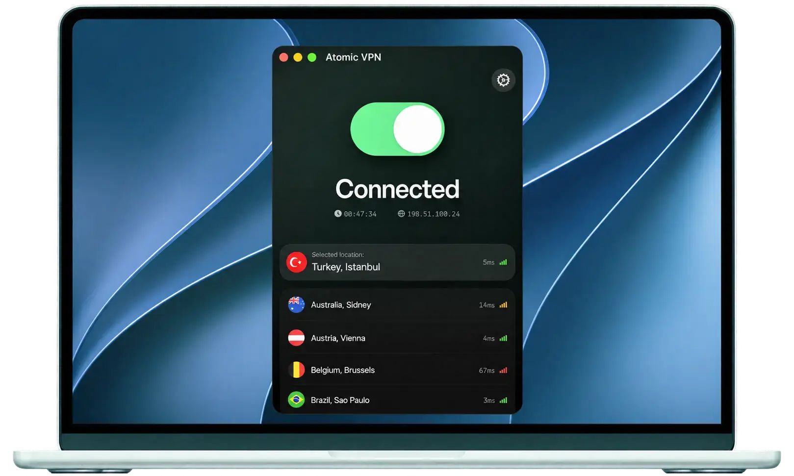 Atomic VPN desktop app connected to a server in Turkey