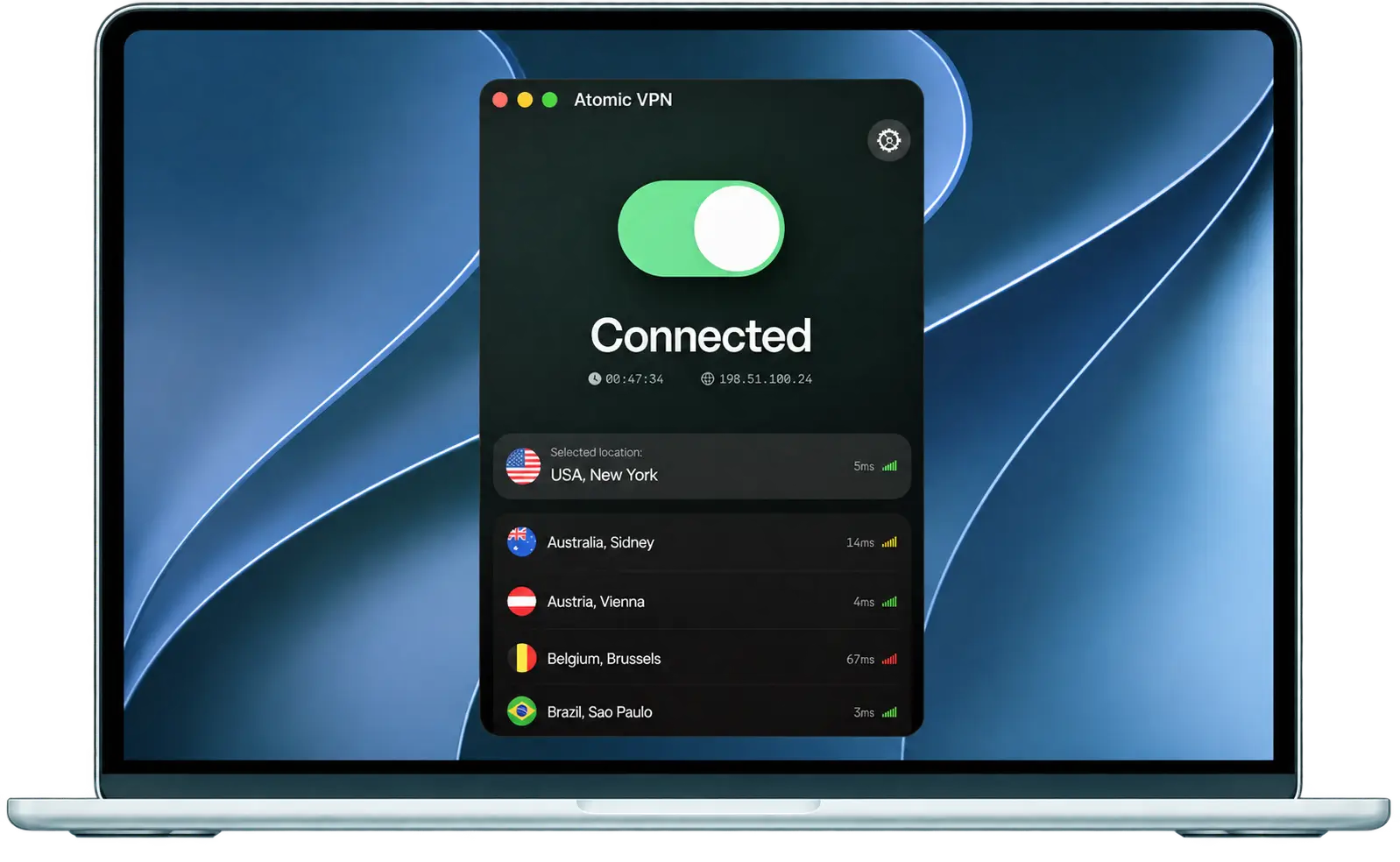 Atomic VPN desktop app connected to a server in New York, USA