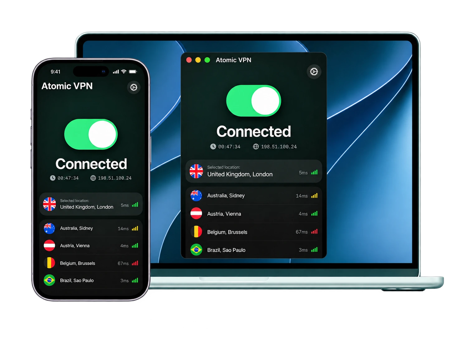 Atomic VPN app connected on a laptop and a phone