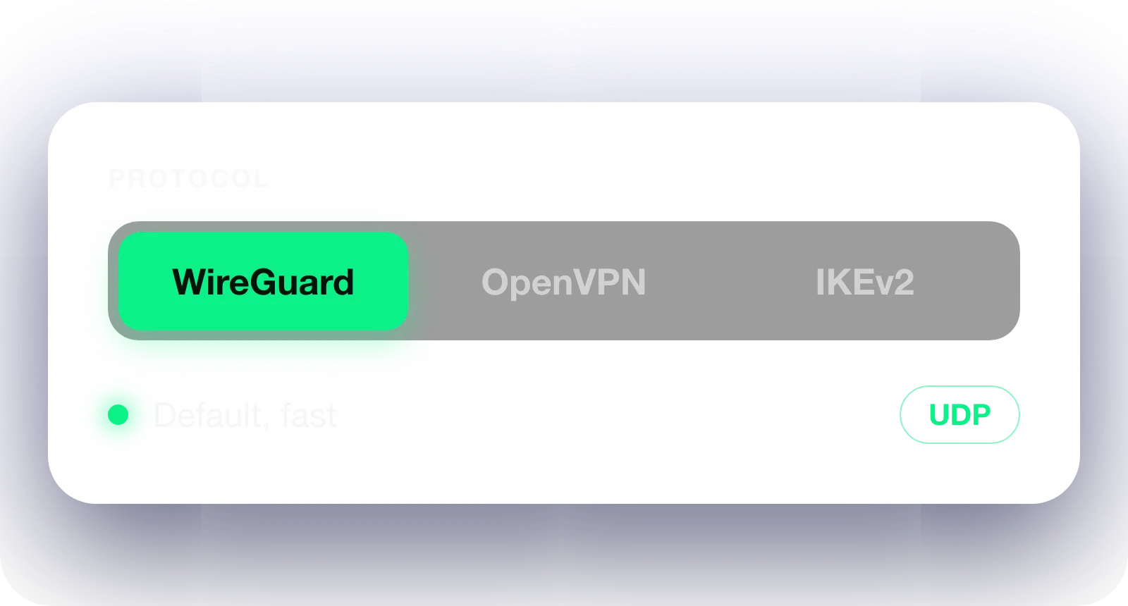 Protocol switch with WireGuard selected and a UDP label