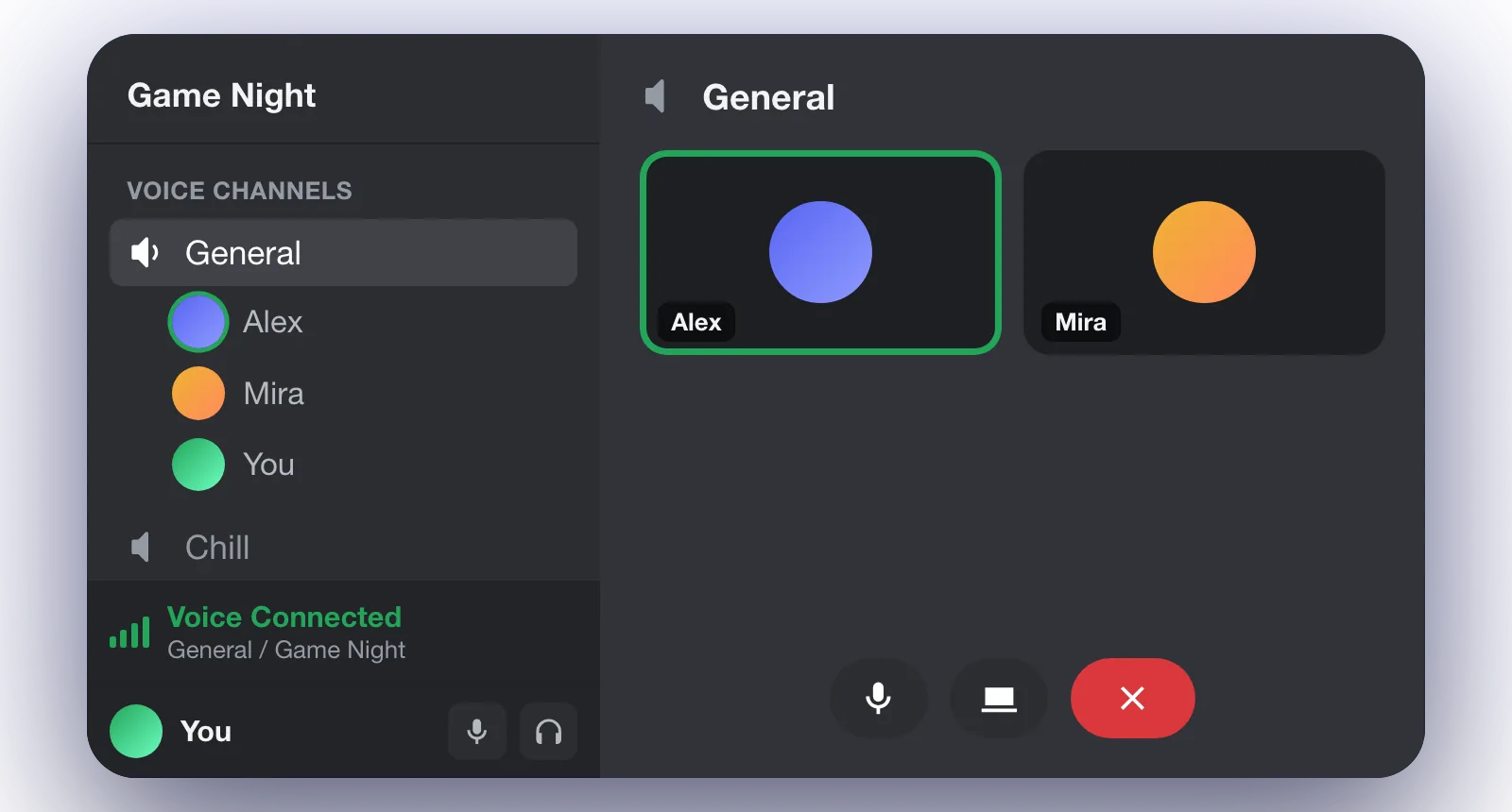 Discord-style voice channel showing Voice Connected