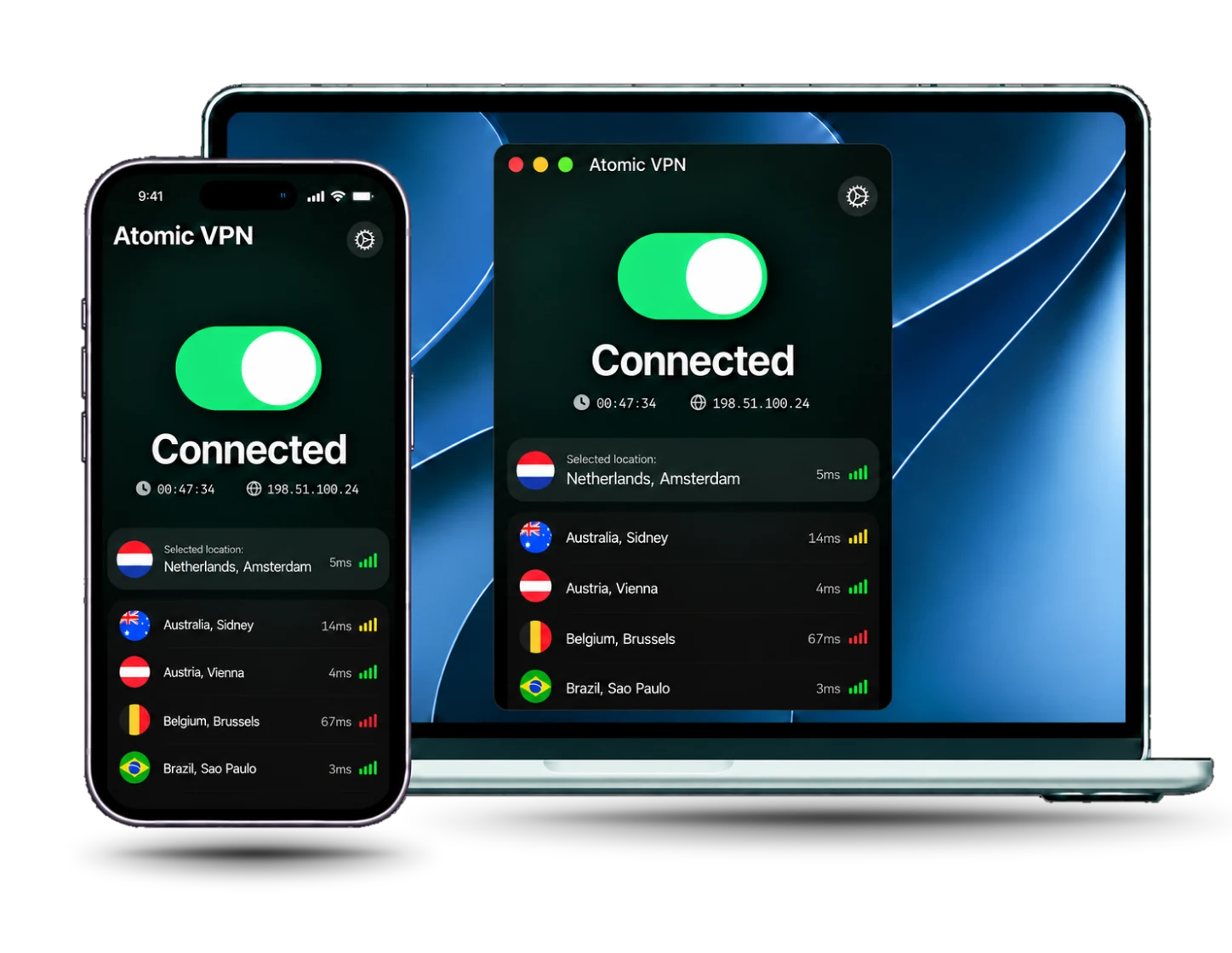 Atomic VPN connected on a laptop and a phone, next to the WhatsApp logo