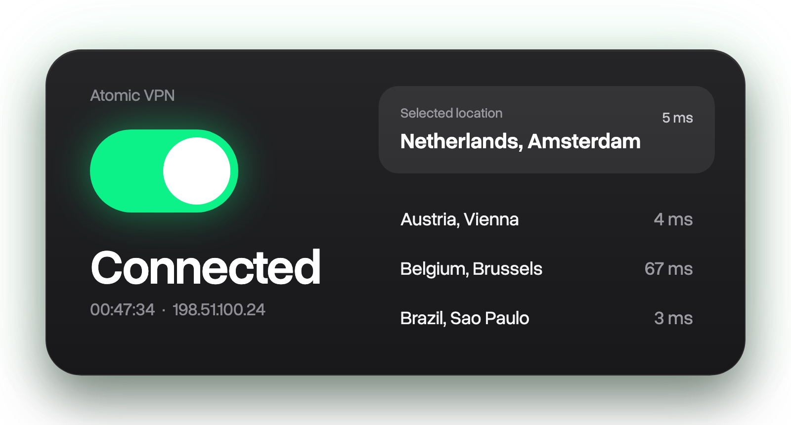 Atomic VPN app in the Connected state