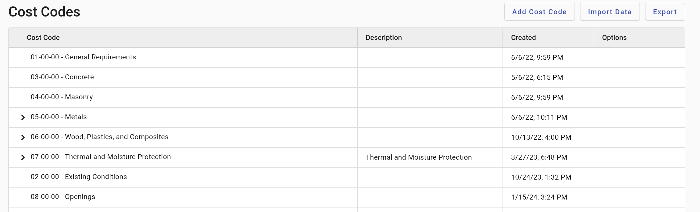Actual Buildend Cost Codes setup with Add Cost Code, Import Data, and Export controls