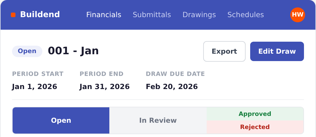Public-site reference of a Buildend draw review with sample data