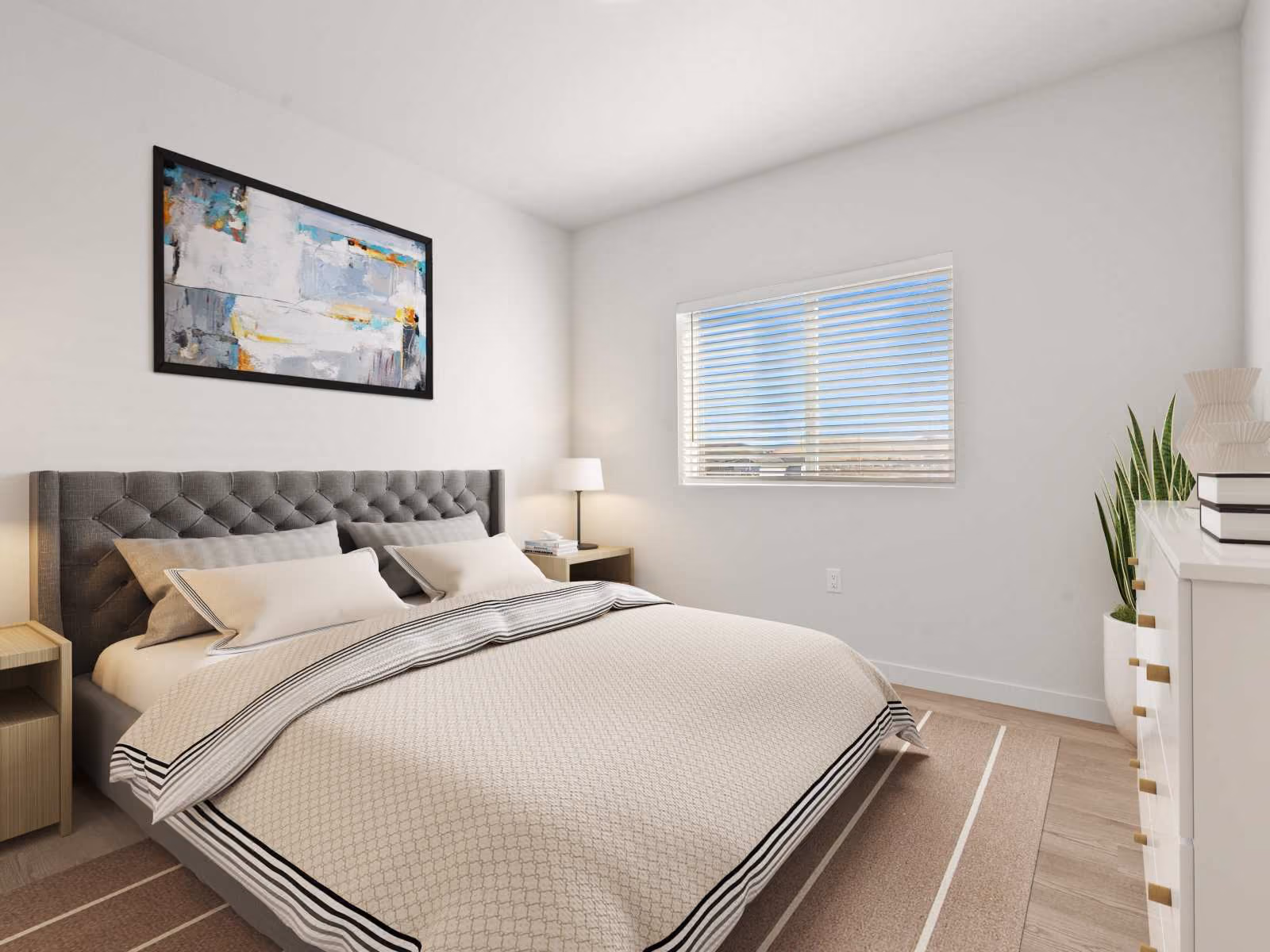 Virtually staged bedroom with bed, wall art, and large window
