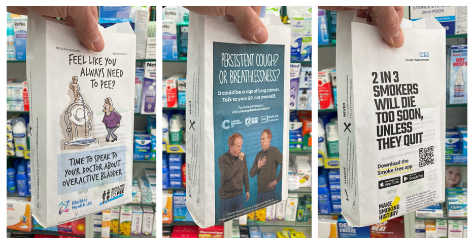 Three disease awareness pharmacy bags held up in a pharmacy, covering overactive bladder, lung cancer symptoms and quitting smoking
