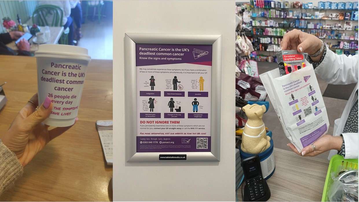 Pancreatic Cancer Action campaign on a coffee cup, a framed washroom poster and a pharmacy bag, all raising awareness of the UK's deadliest common cancer