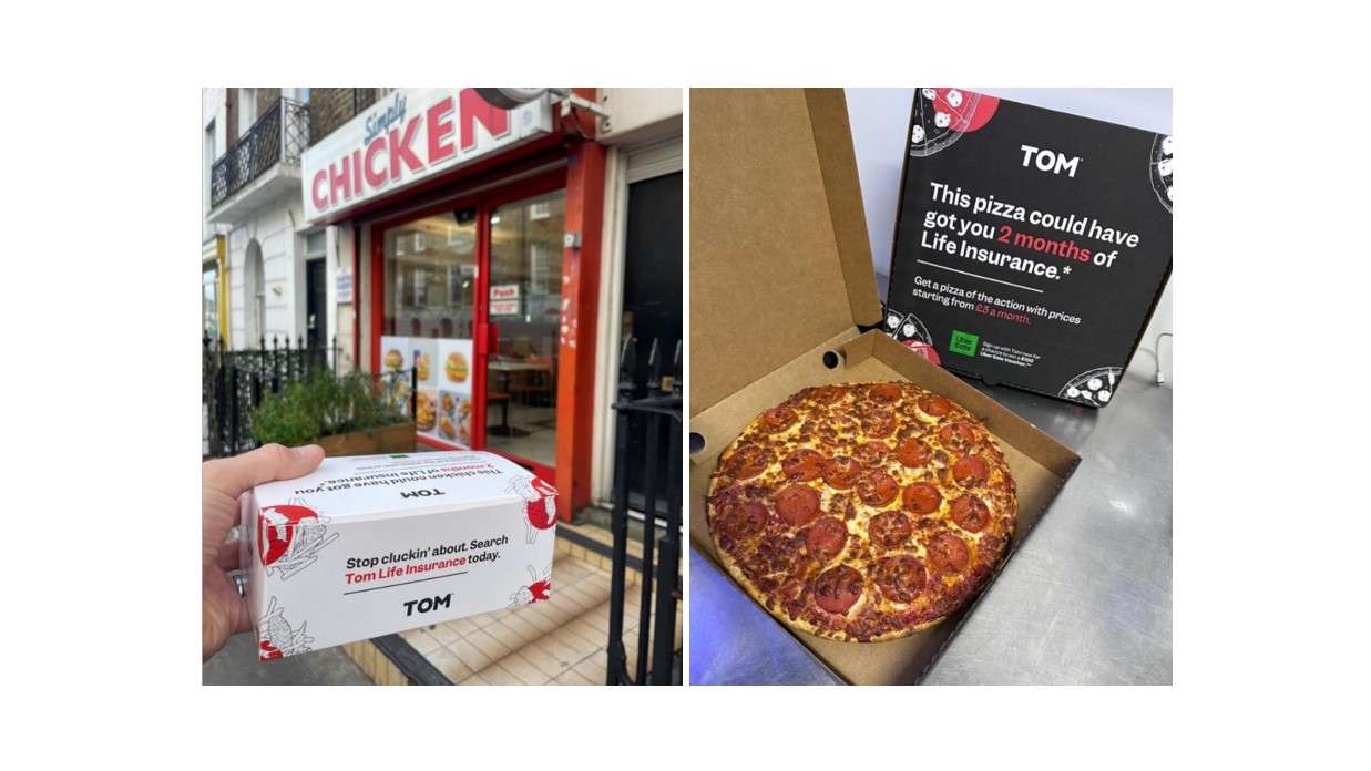 TOM life insurance ads on a chicken shop takeaway box and a pizza box lid reading 'This pizza could have got you 2 months of life insurance'