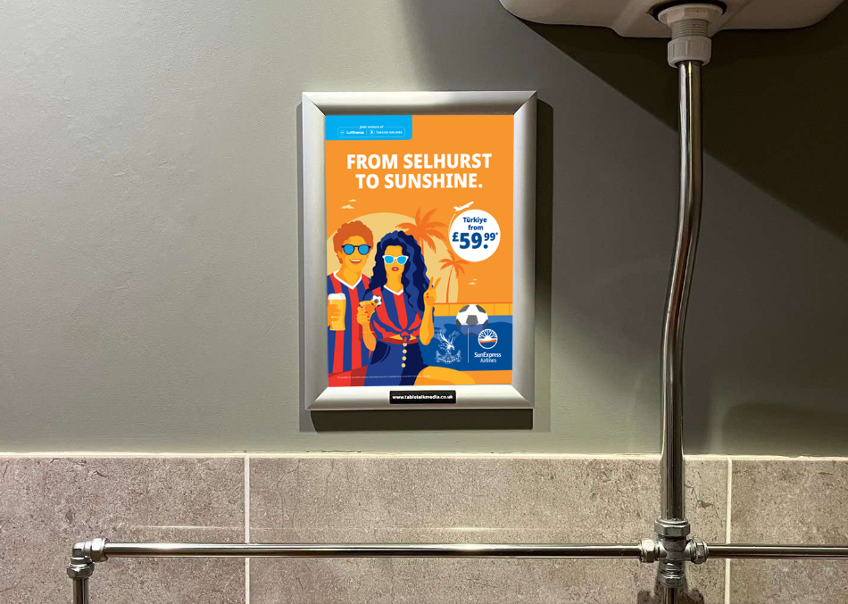 Framed SunExpress poster reading 'From Selhurst to sunshine' with flights to Turkey from 59.99 pounds, on a pub washroom wall