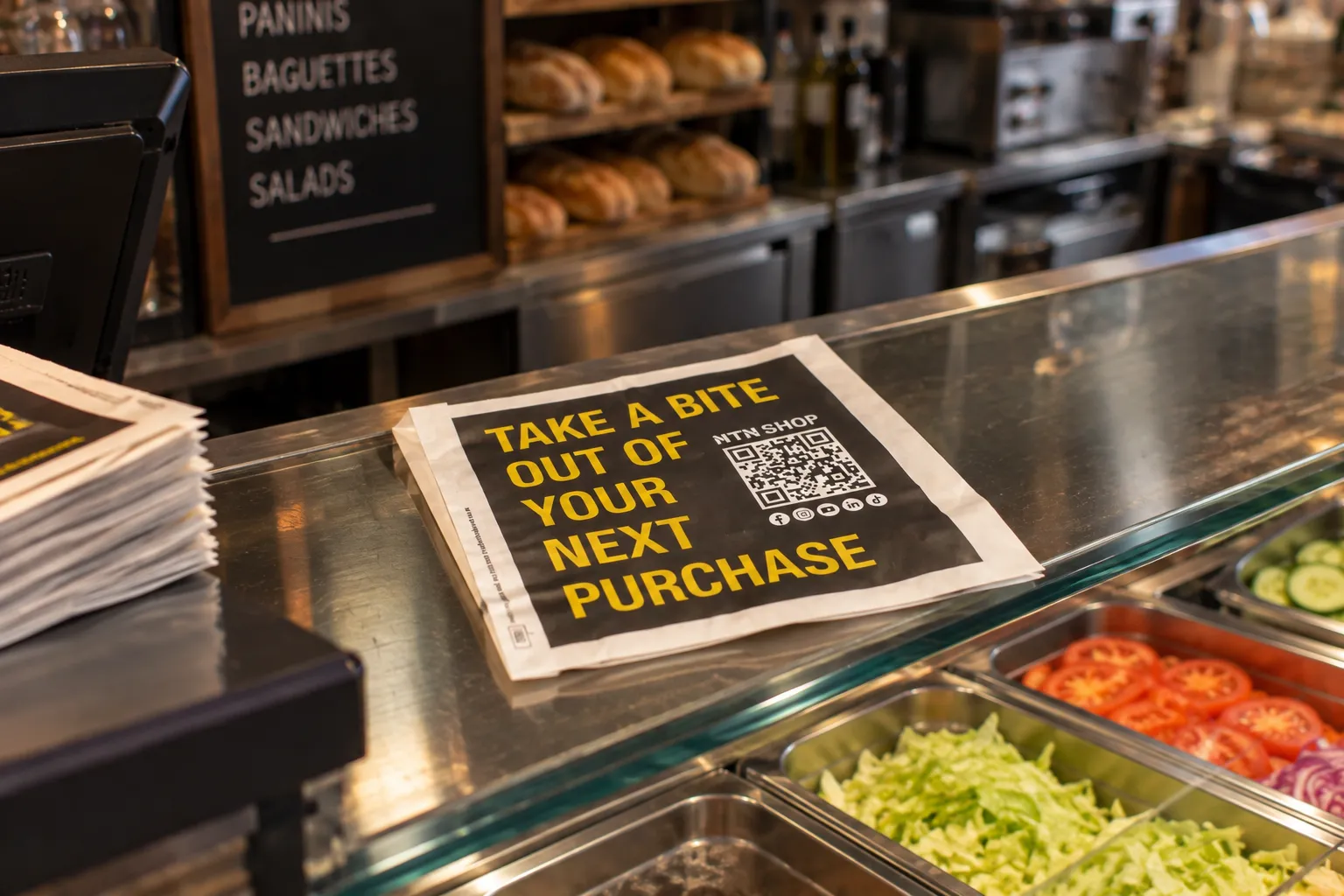 MTN Shop 'Take a bite out of your next purchase' sandwich bag on a deli counter