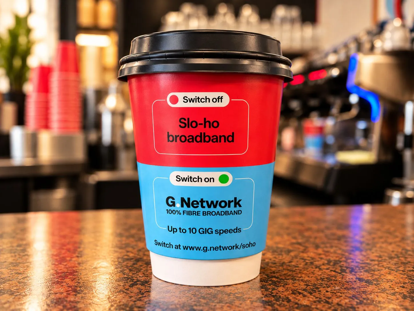 G.Network 'Switch off Slo-ho broadband' takeaway coffee cup on a café counter