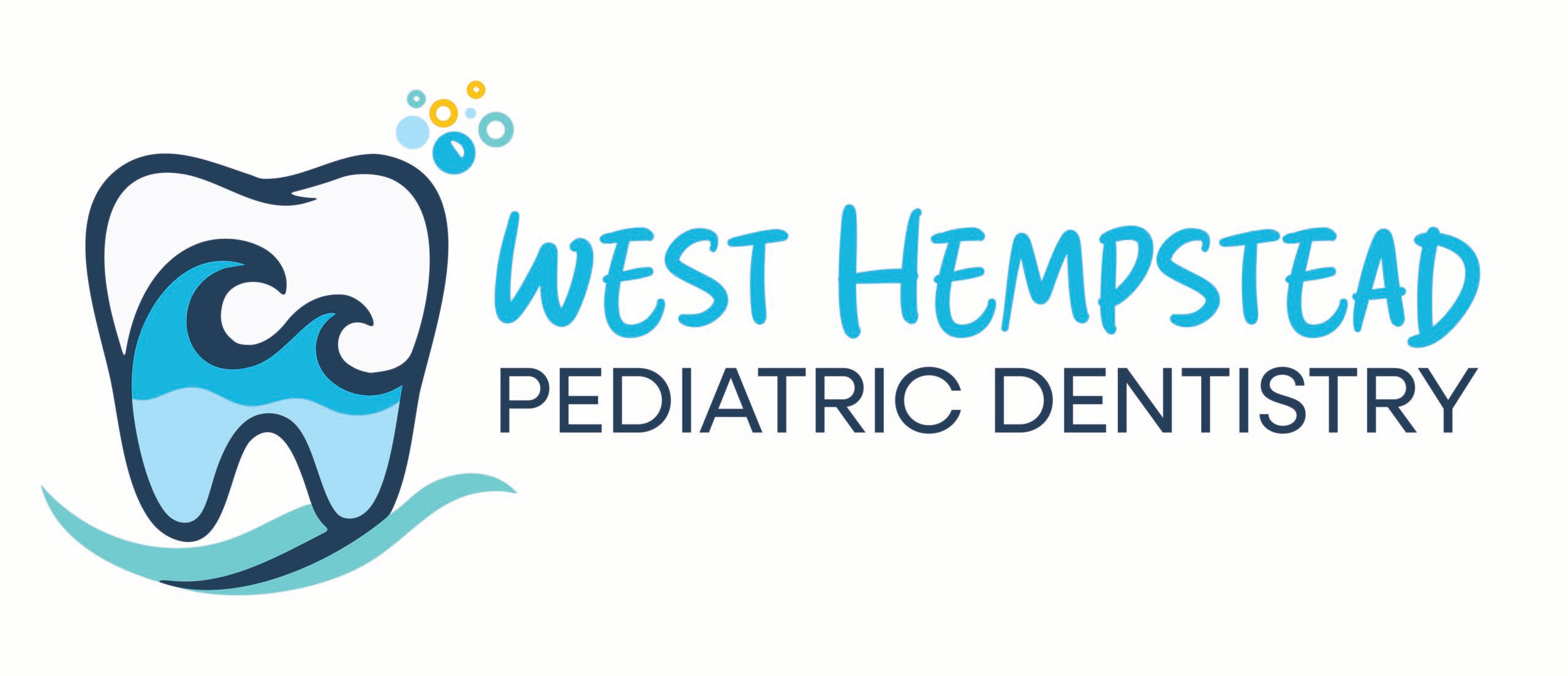 Logo for West Hempstead Pediatric Dentistry featuring a stylized tooth filled with two blue waves and bubbles above it, with text reading 'West Hempstead Pediatric Dentistry' to the right.