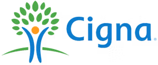Cigna logo with a stylized human figure reaching upward surrounded by green leaves forming a tree.
