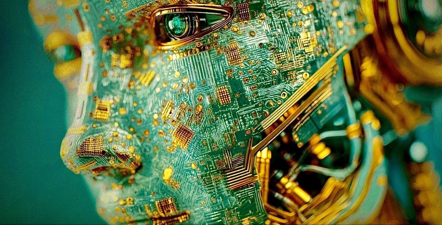 Green and gold circuit patterns forming a futuristic face