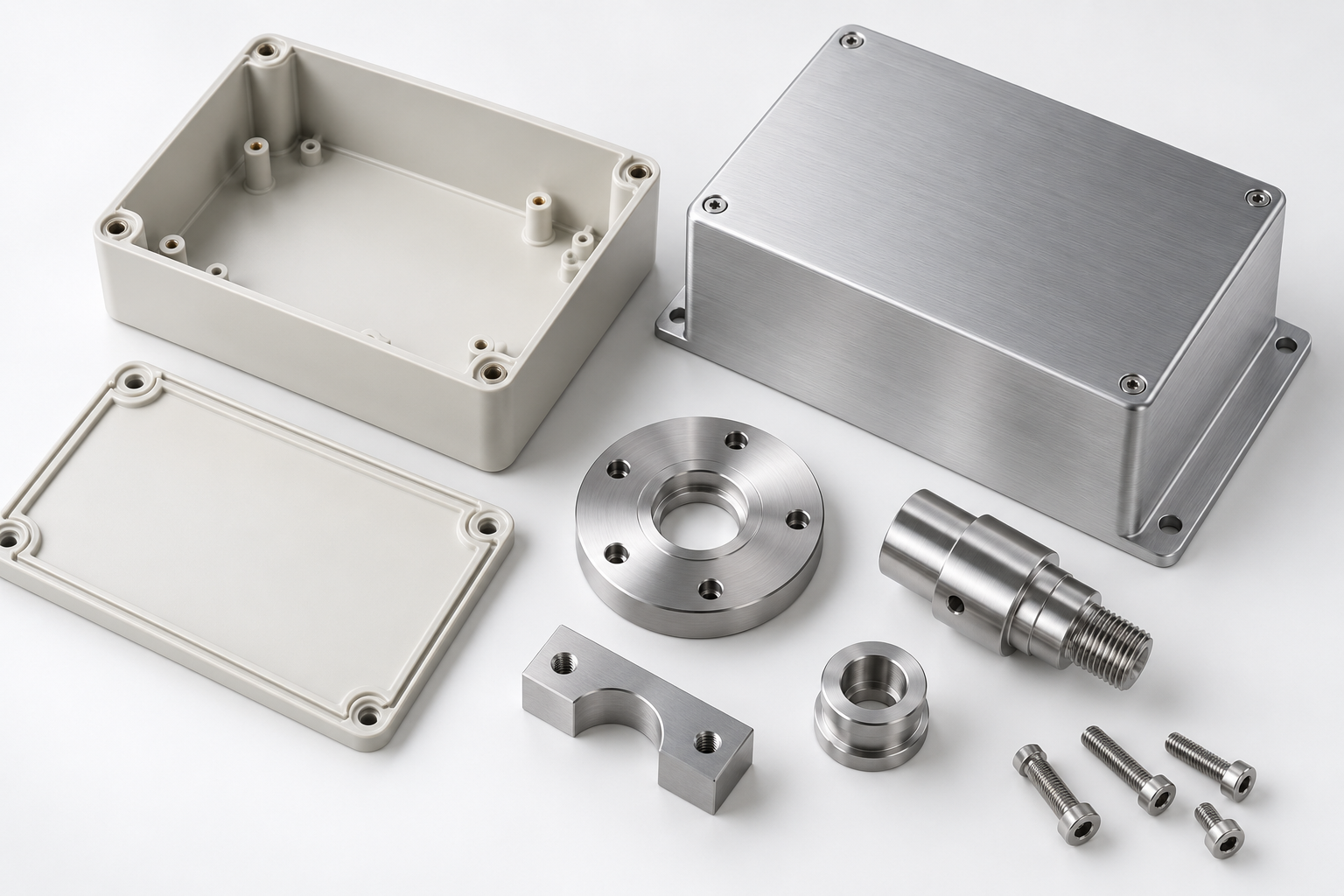 Illustrative plastic electronics enclosure and metal housing components