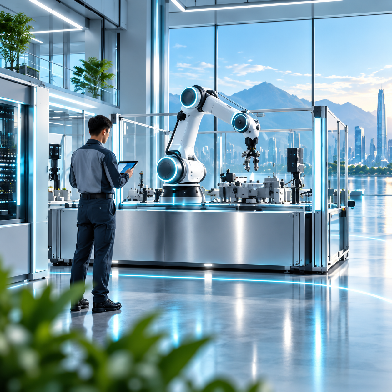 Concept illustration of industrial robotic automation with an engineer