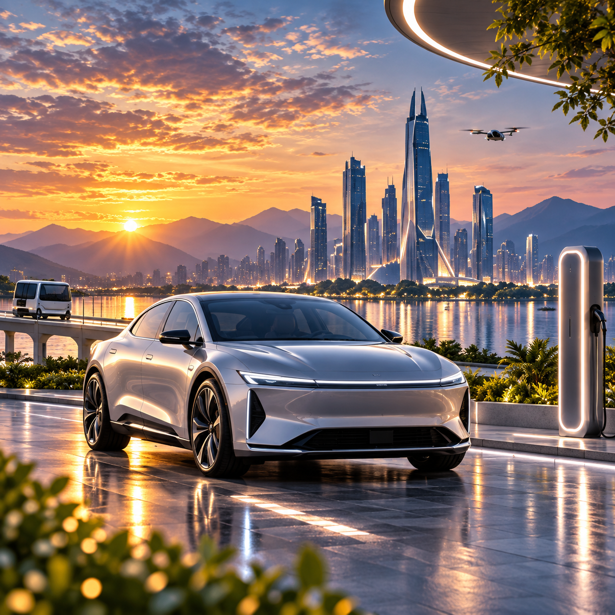 Concept illustration of an electric car beside a charging station
