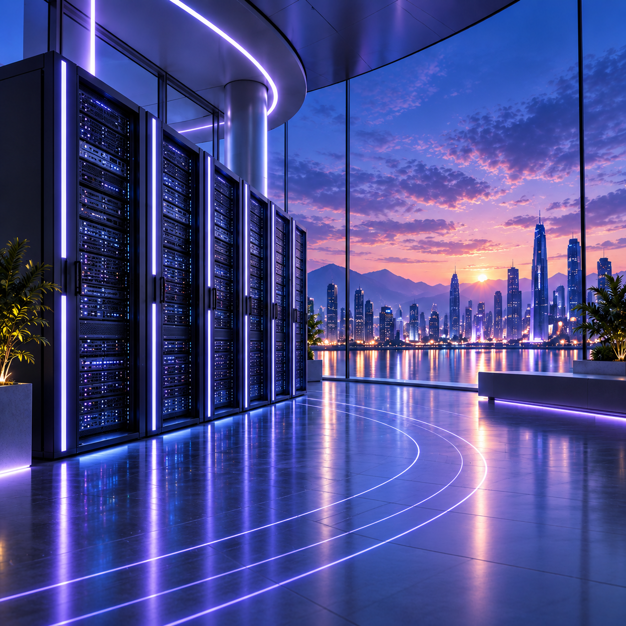 Concept illustration of server arrays in a data center