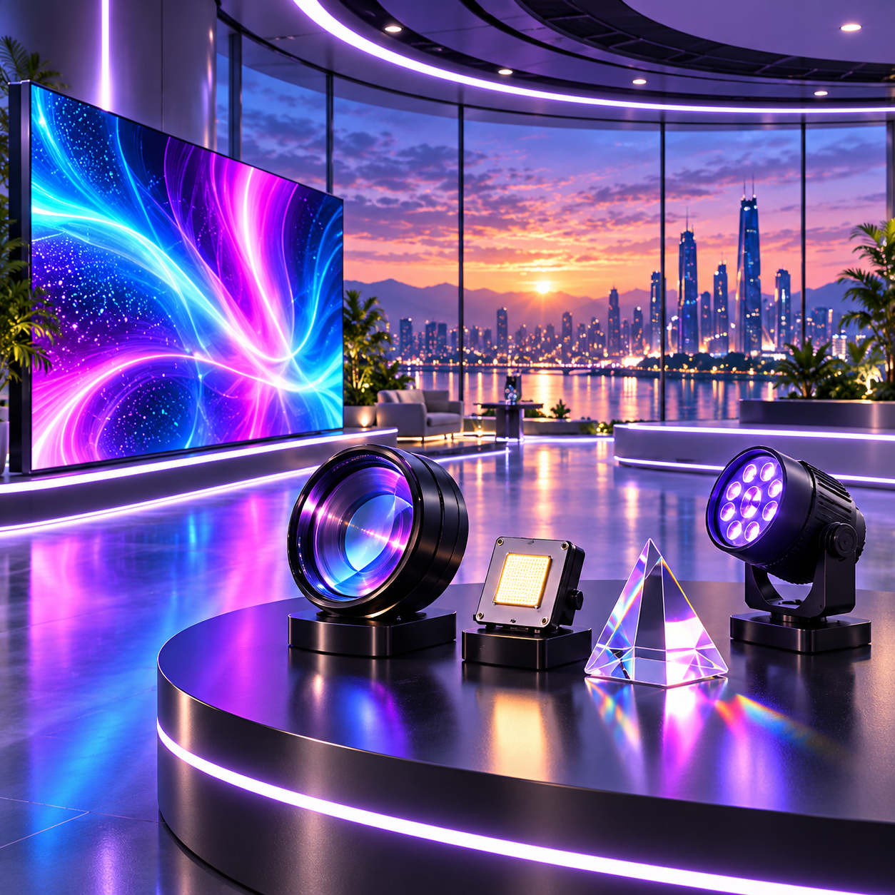 Concept illustration of optical lenses, LED lighting and display technology
