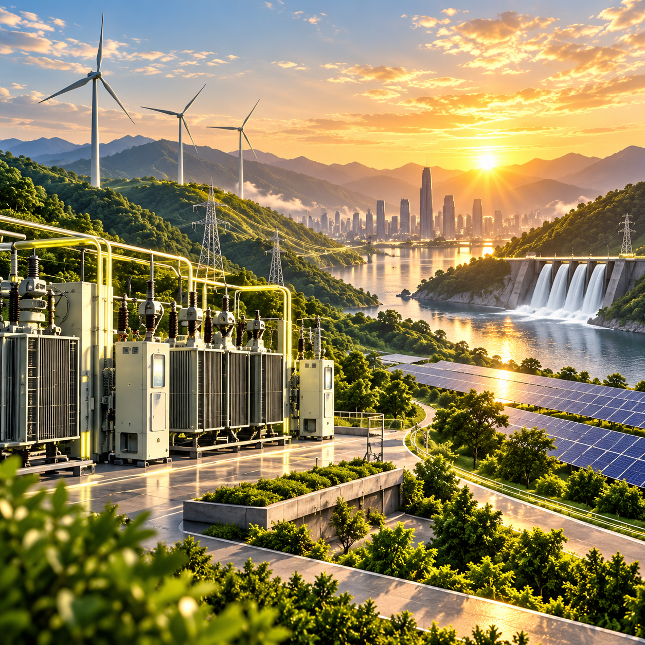 Concept illustration of solar, wind, hydroelectric power and electrical infrastructure