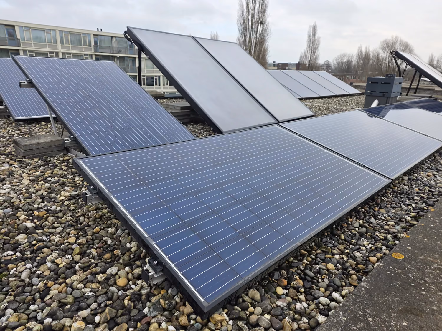 Gereinigde zonnepanelen op een plat dak met grind.